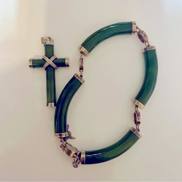 Jade and Silver Bracelet and Cross Pendant Set - Picture 1 of 8